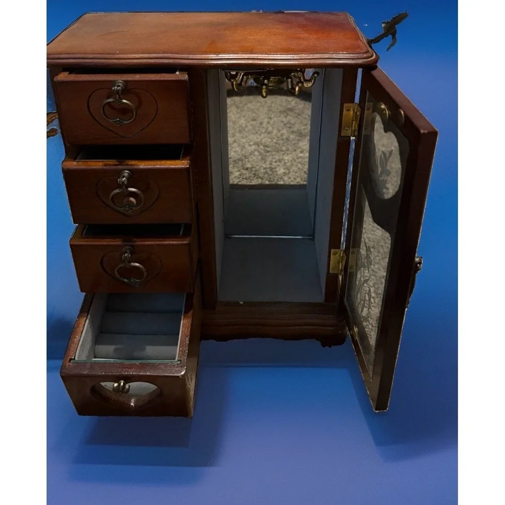 Vintage Wood Jewelry Armoire Box Heart Drawers Etched Glass Door 11